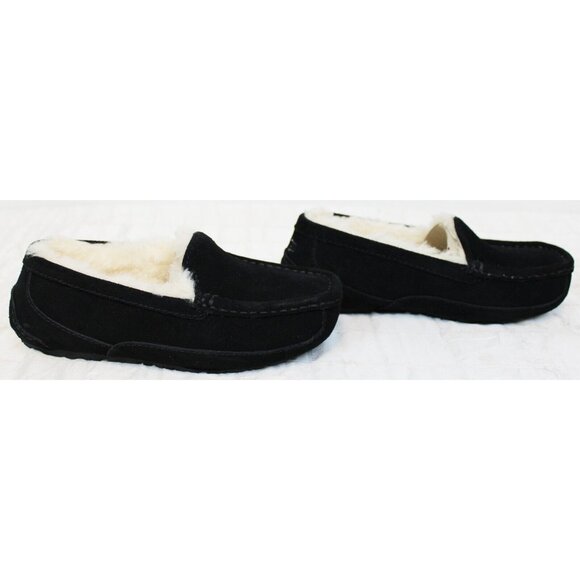 UGG Kid's Ascot Loafers sz 1 Black Suede Wool Fur Soft Comfortable Slipper - Picture 2 of 9